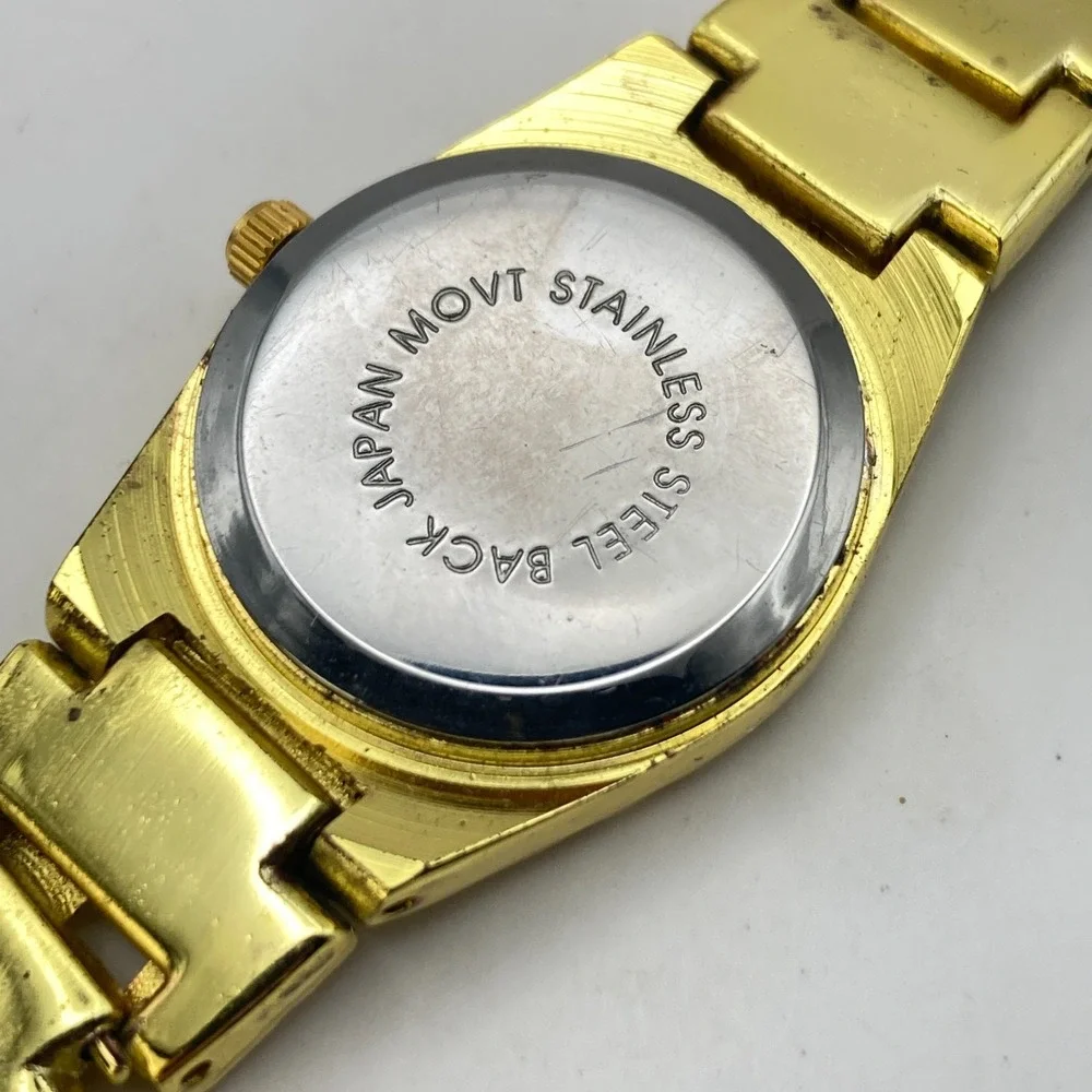 Geneva Womens Watch 24mm Gold Tone Nugget Style Band Black Dial New Battery 7.25